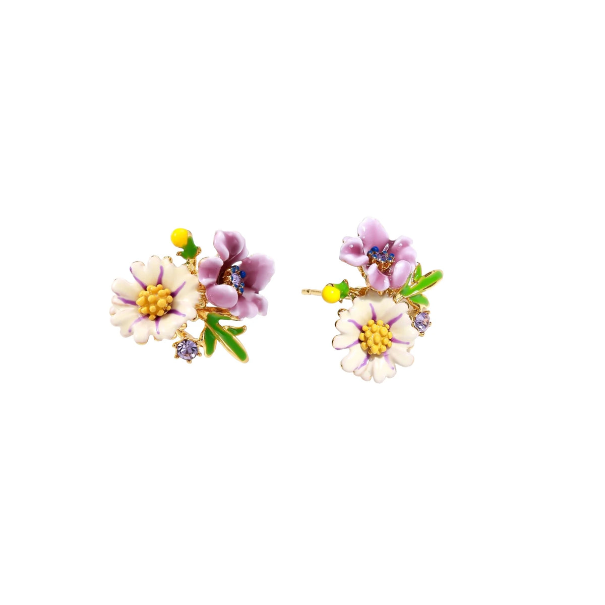 Cluster-style stud earrings with purple pansies, white daisies, yellow centers, and green leaves in glossy enamel finish