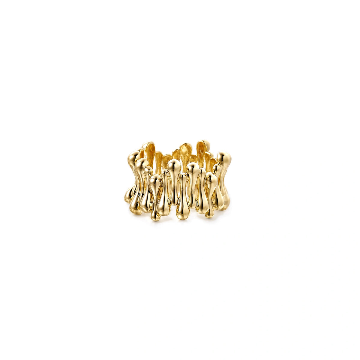 Gold-plated brass ring with sculptural petal-like elements in a wide band design on beige background