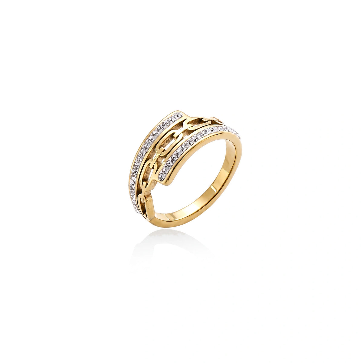 Gold-plated stainless steel ring with geometric chain link design flanked by two rows of clear rhinestones