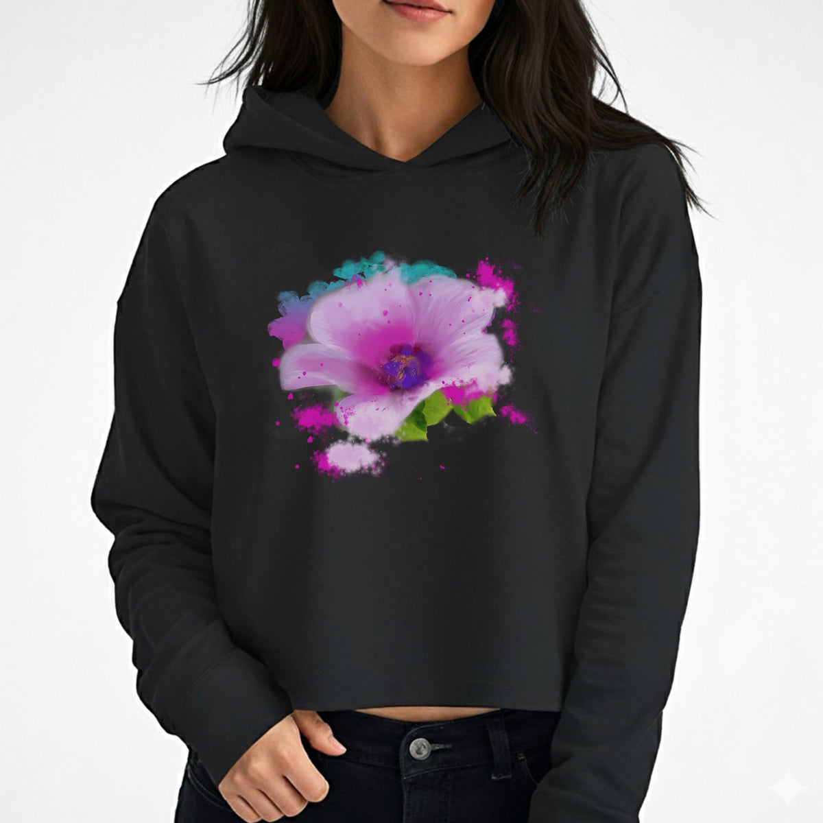 Artisan Pink Botanical Black Cropped Pullover | Hand-Painted Petal Graphic | Modern Raw-Hem Urban Apparel - Starzzyco