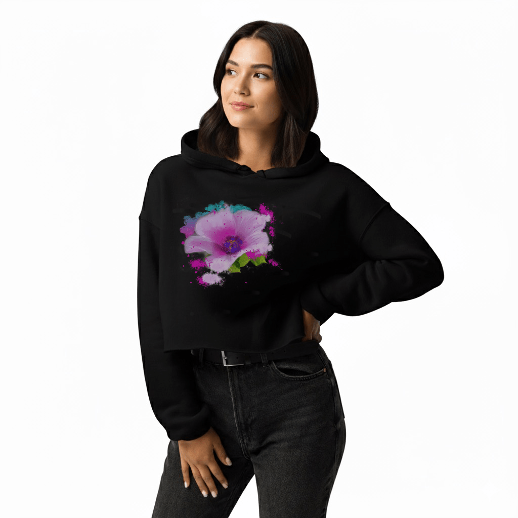 Artisan Pink Botanical Black Cropped Pullover | Hand-Painted Petal Graphic | Modern Raw-Hem Urban Apparel - Starzzyco