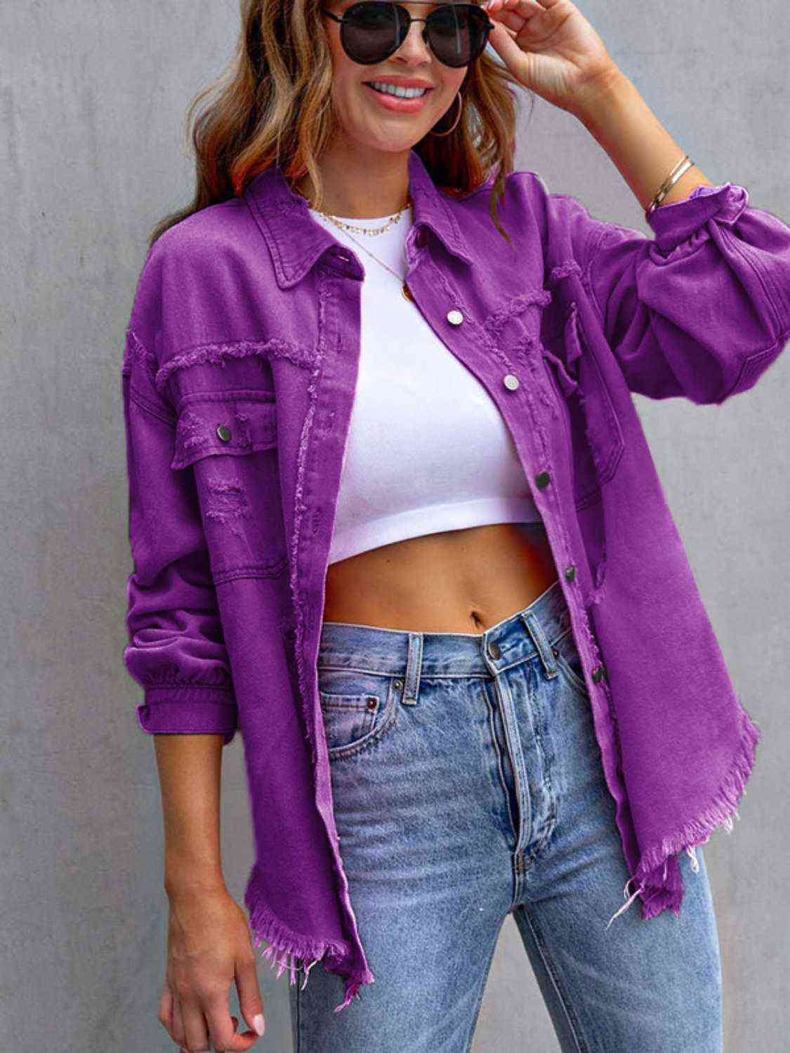 Distressed Drop Shoulder Denim Jacket | Other Colors Available - Starzzyco