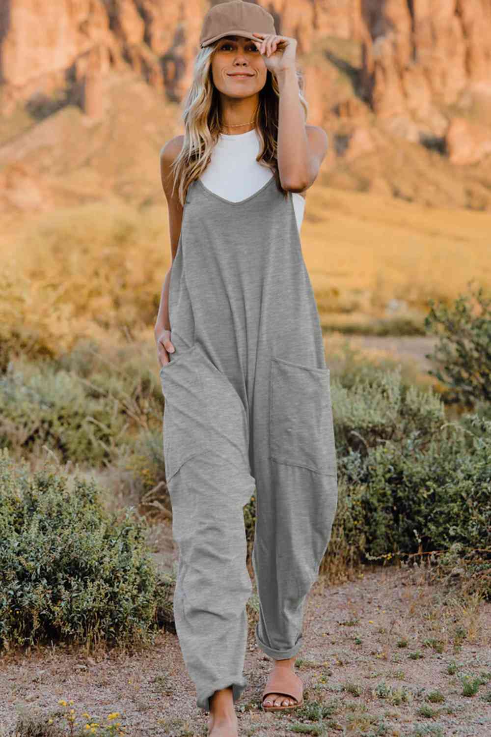 Double Take V-Neck Sleeveless Jumpsuit with Pocket - Starzzyco