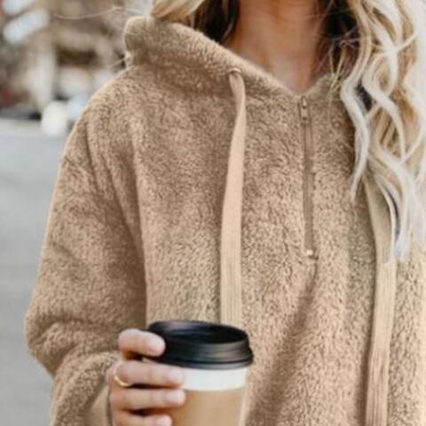 Quarter-Zip Drawstring Teddy Hoodie - Starzzyco