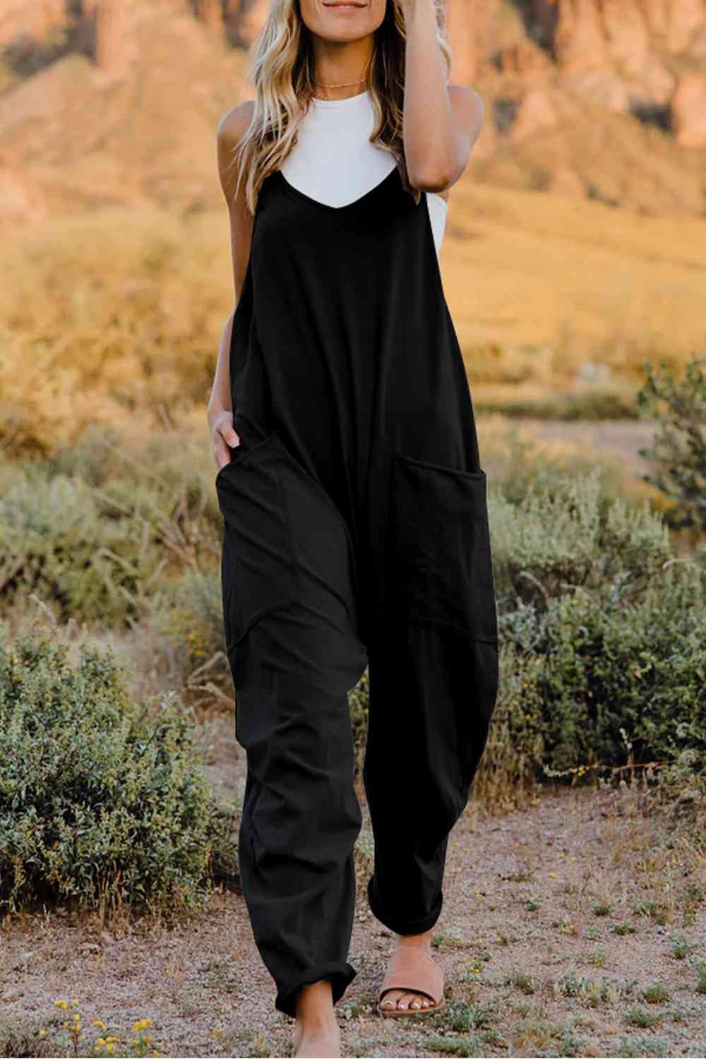 Double Take V-Neck Sleeveless Jumpsuit with Pocket - Starzzyco