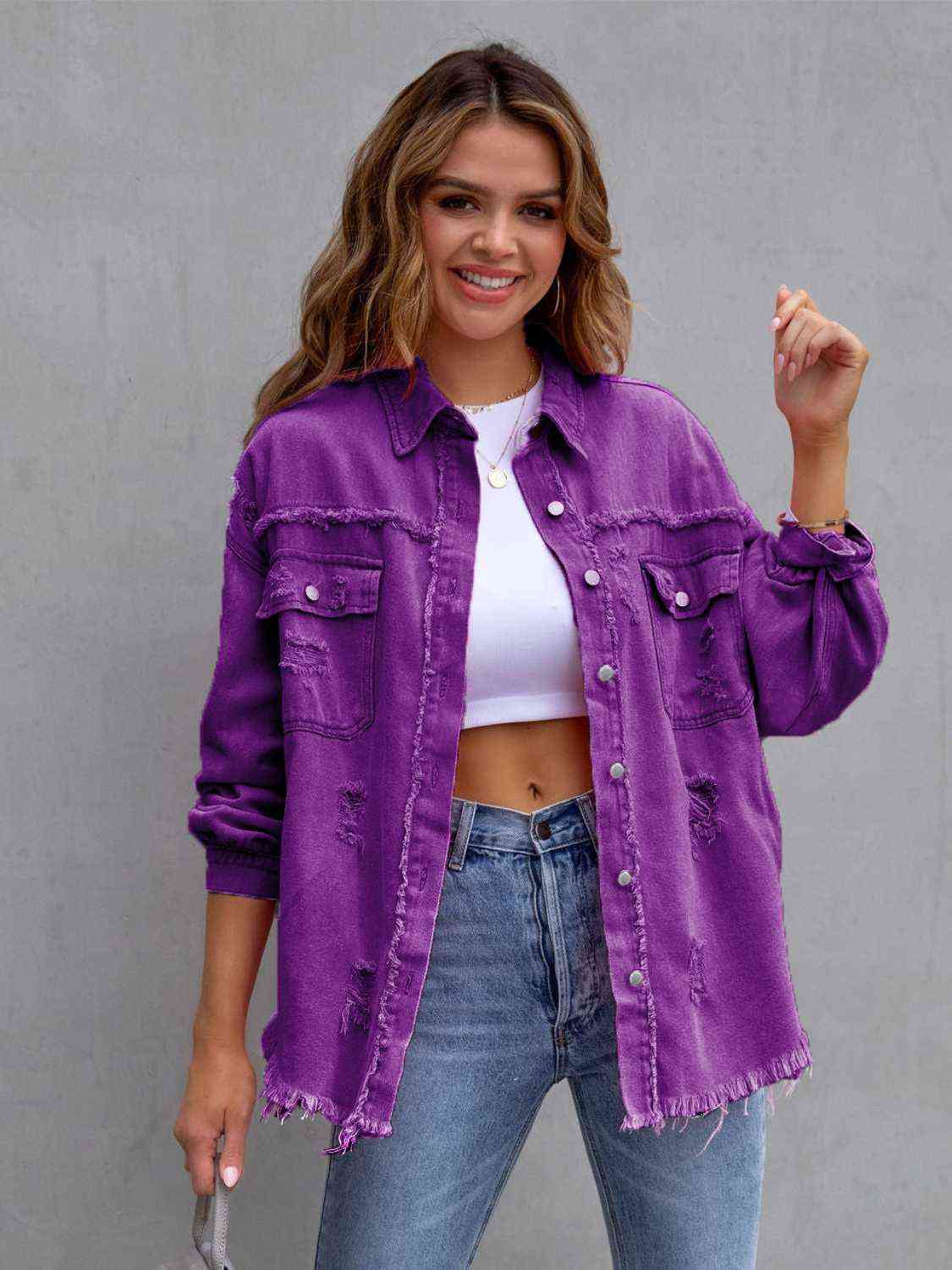 Distressed Drop Shoulder Denim Jacket | Other Colors Available - Starzzyco