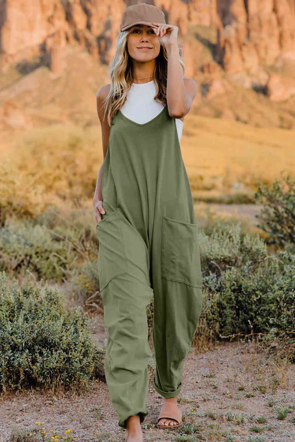 Double Take V-Neck Sleeveless Jumpsuit with Pocket - Starzzyco