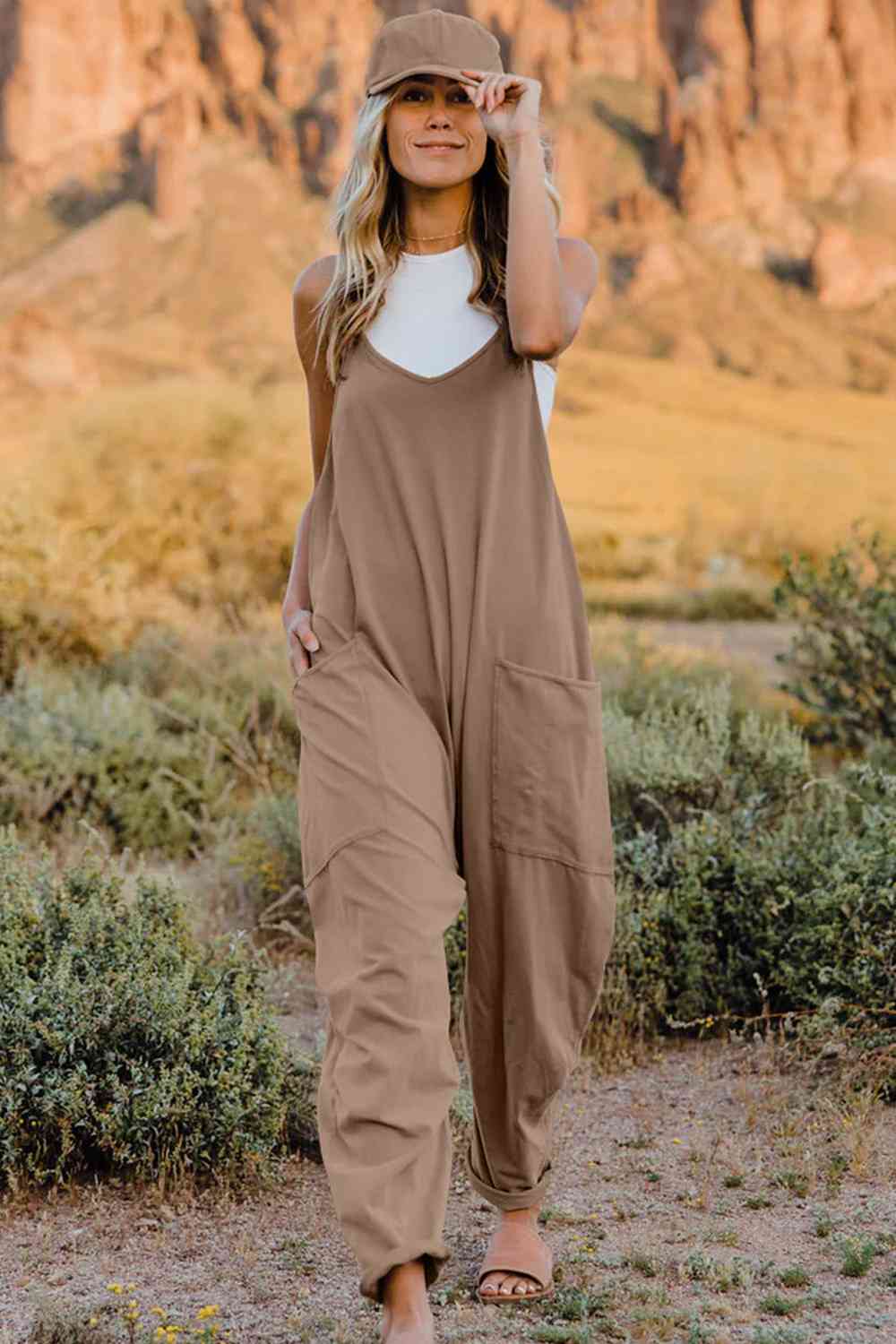 Double Take V-Neck Sleeveless Jumpsuit with Pocket - Starzzyco