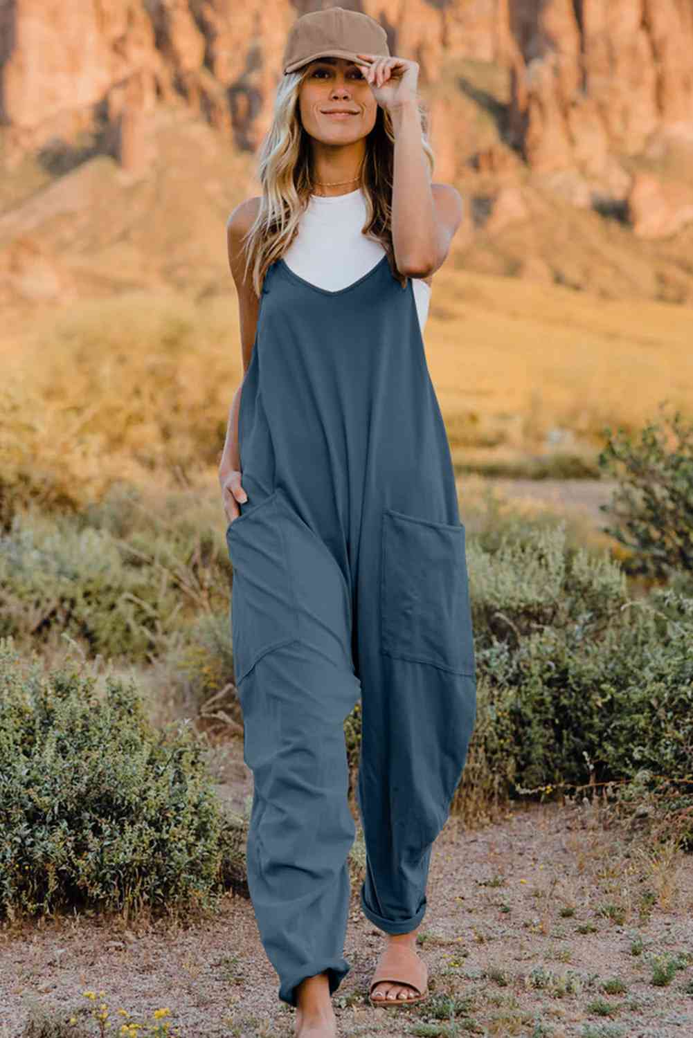 Double Take V-Neck Sleeveless Jumpsuit with Pocket - Starzzyco