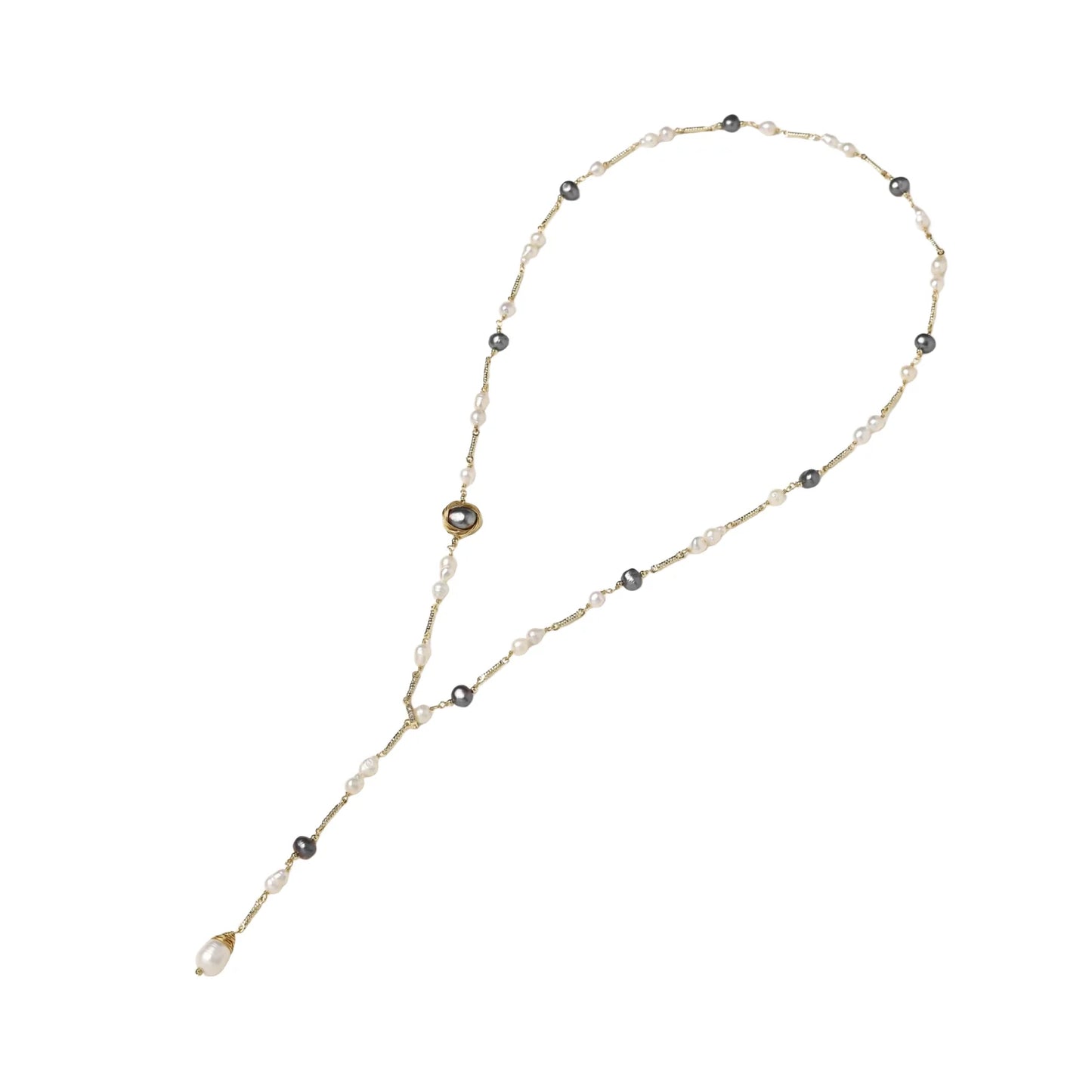 Y-shaped gold-plated necklace with white and gray freshwater pearls on cream background, showing adjustable drop design.