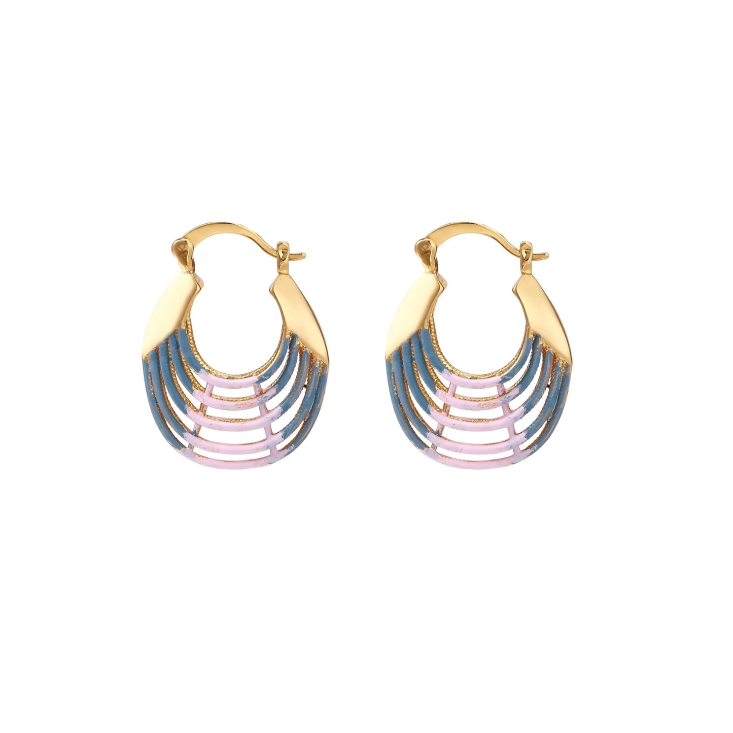 Gold hoop earrings with gradient blue-to-pink enamel in ribbed fan design on beige background