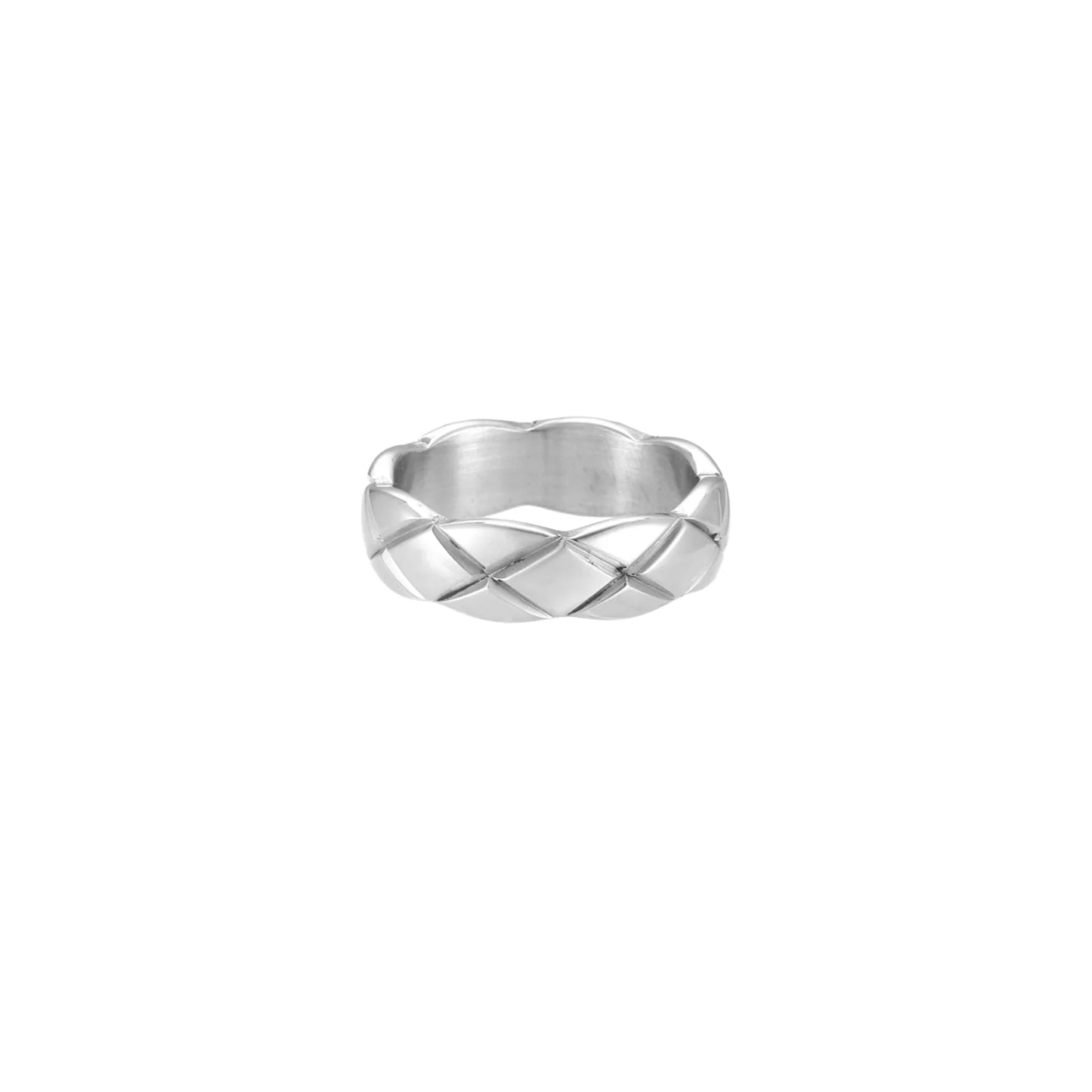 Braided stainless steel band ring with geometric interwoven strands in brushed silver finish on white background