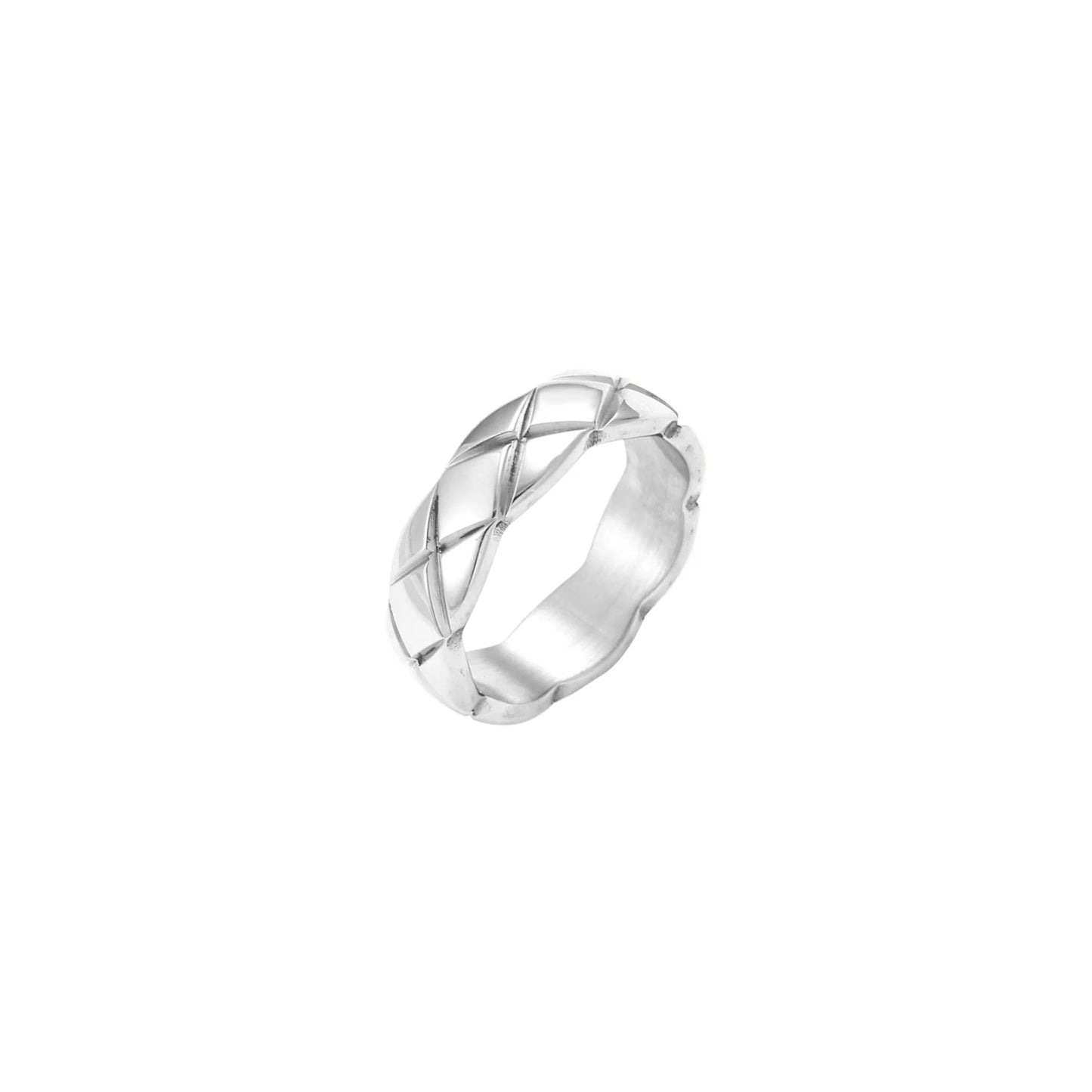 Braided stainless steel band ring with geometric interwoven strands in brushed silver finish on white background