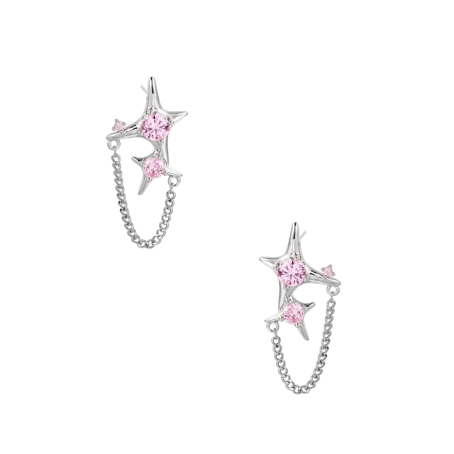 Pair of silver star-shaped ear climbers with pink zirconia stones connected by delicate chains
