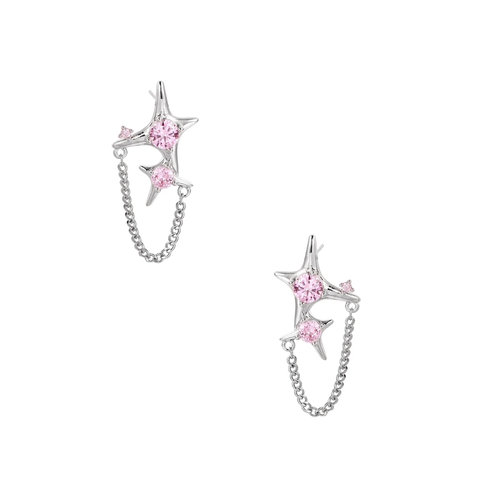 Pair of silver star-shaped ear climbers with pink zirconia stones connected by delicate chains