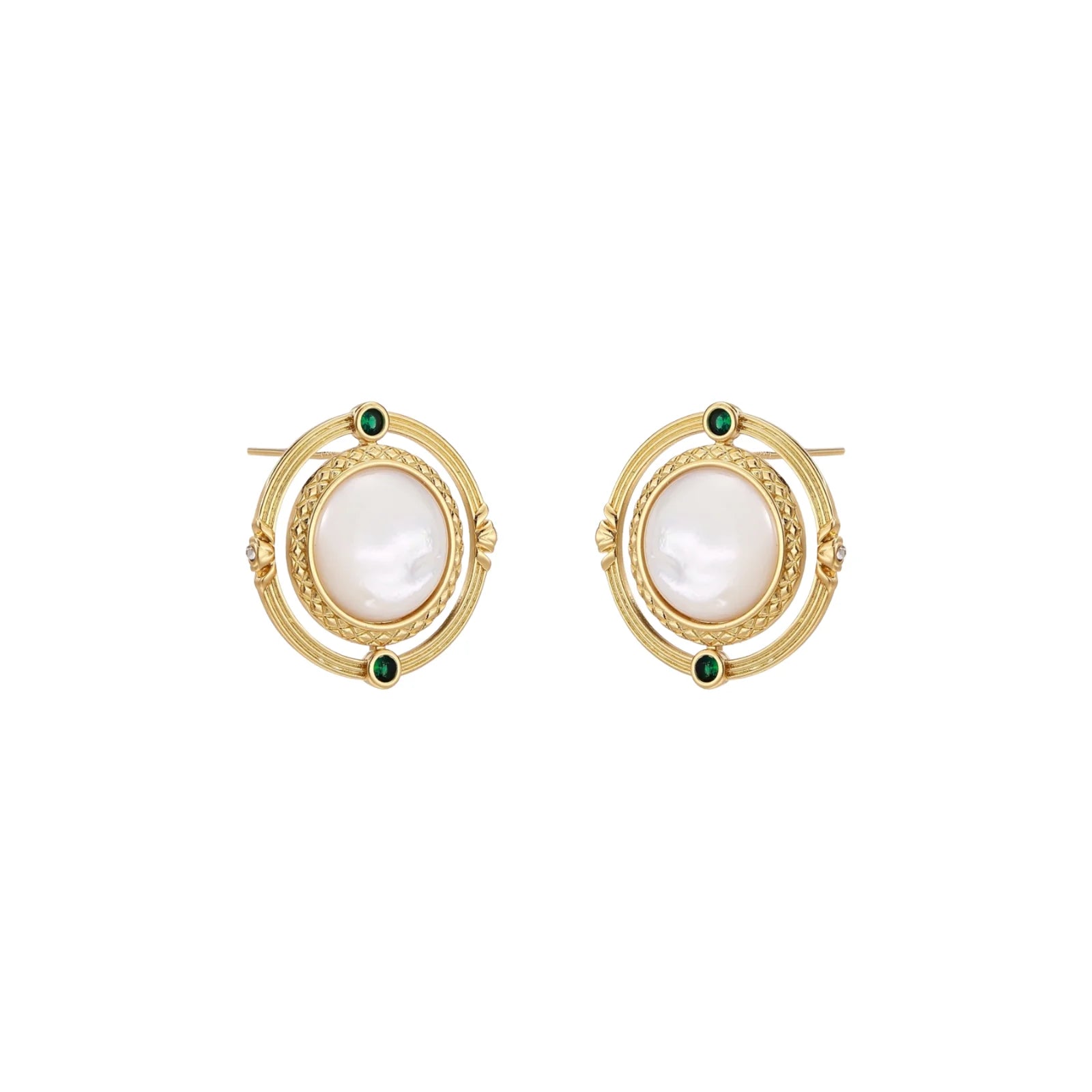 Circular gold stud earrings with iridescent mother-of-pearl center and green zirconia accents on cream background.