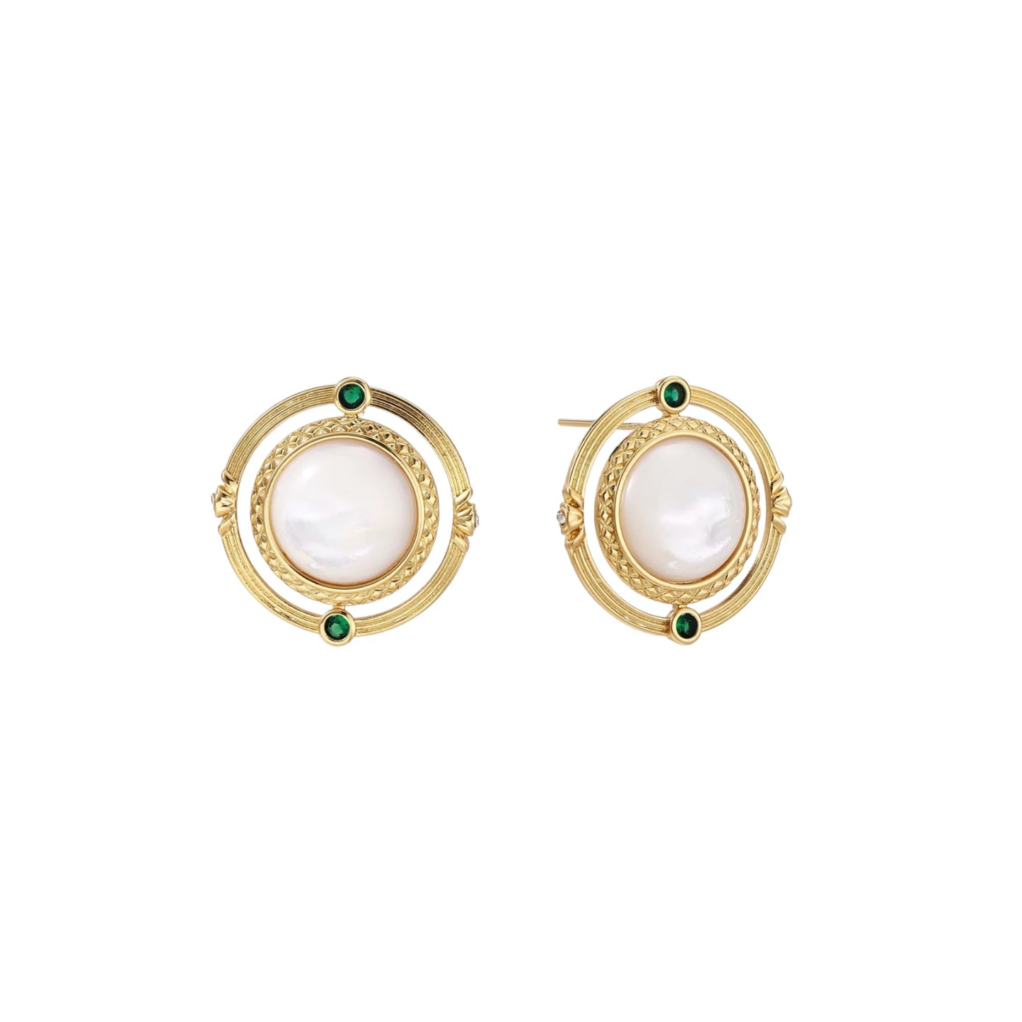 Circular gold stud earrings with iridescent mother-of-pearl center and green zirconia accents on cream background.