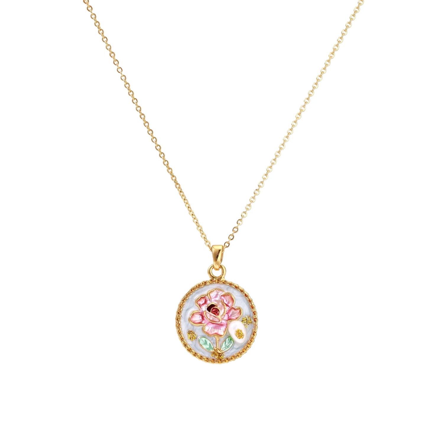 Gold-plated circular pendant with pink enamel rose, pearl background, and delicate beaded border on chain