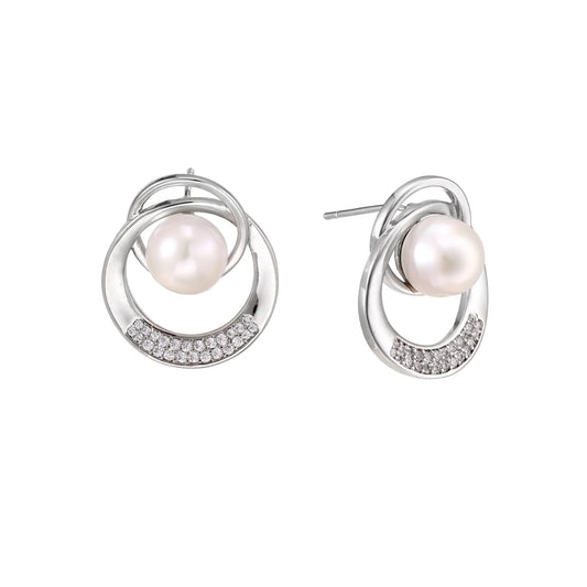 White gold-plated brass earrings with circular design, freshwater pearl center, and diamond accents