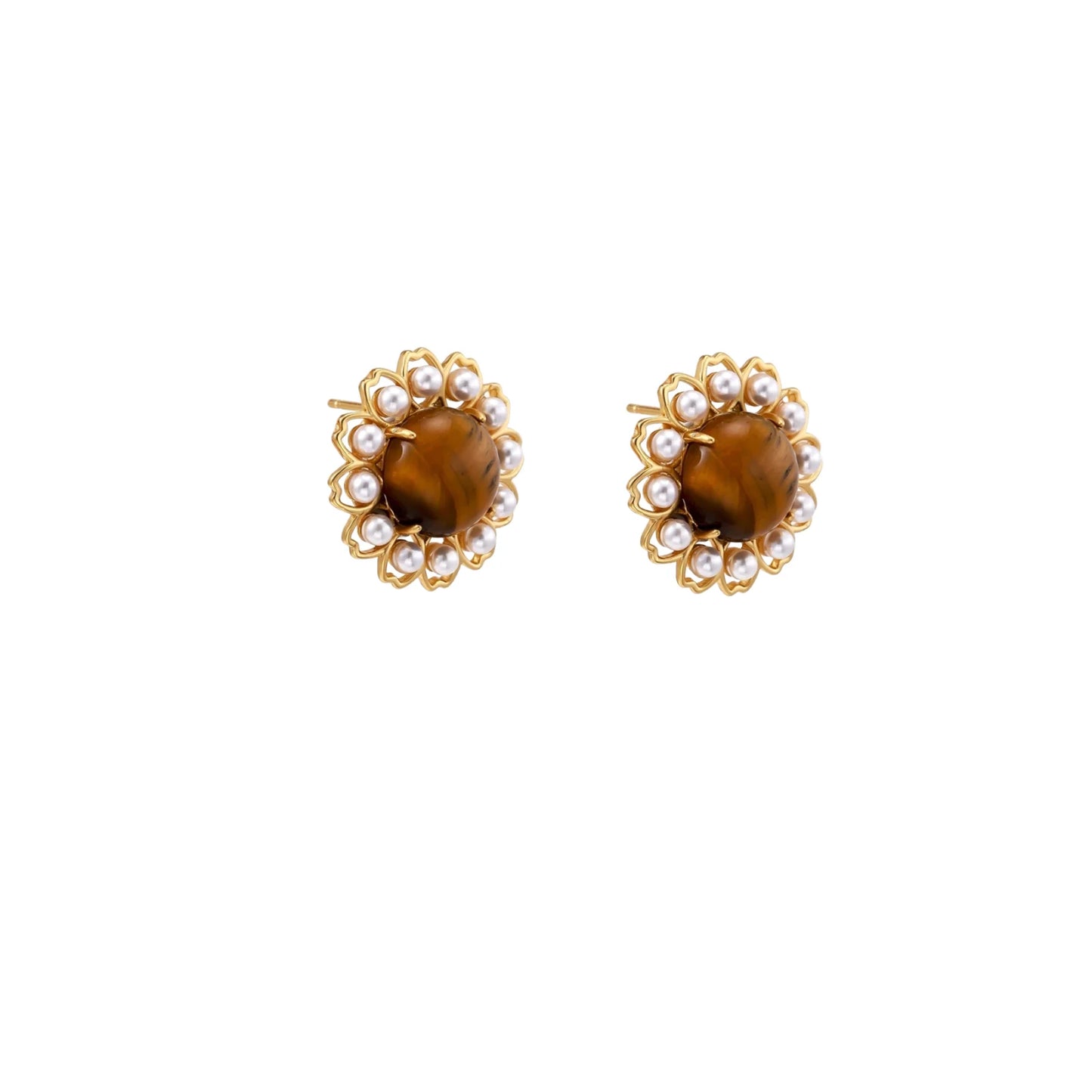Gold-plated stud earrings with cushion-cut tiger's eye stones surrounded by pearl halos on white background.