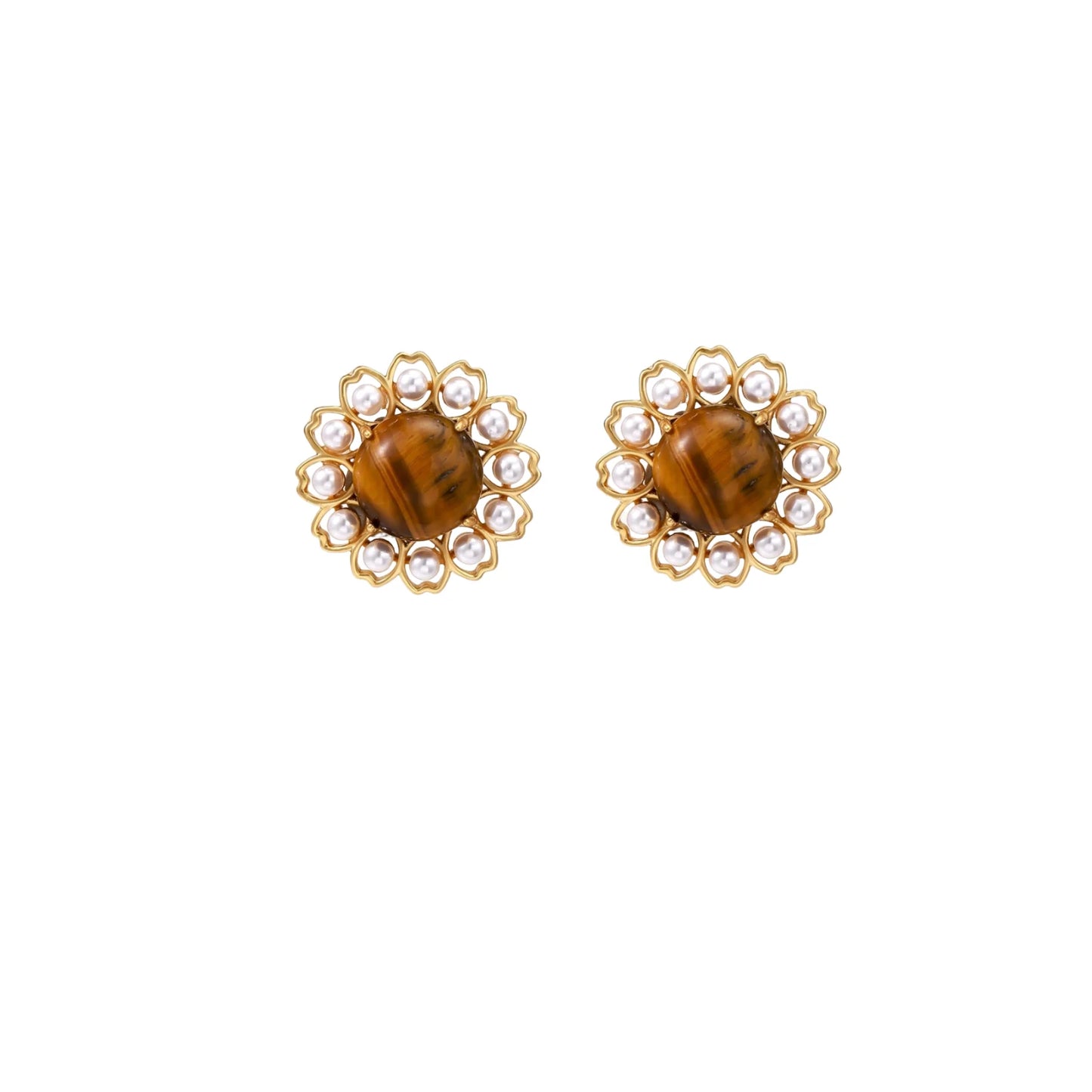 Gold-plated stud earrings with cushion-cut tiger's eye stones surrounded by pearl halos on white background.