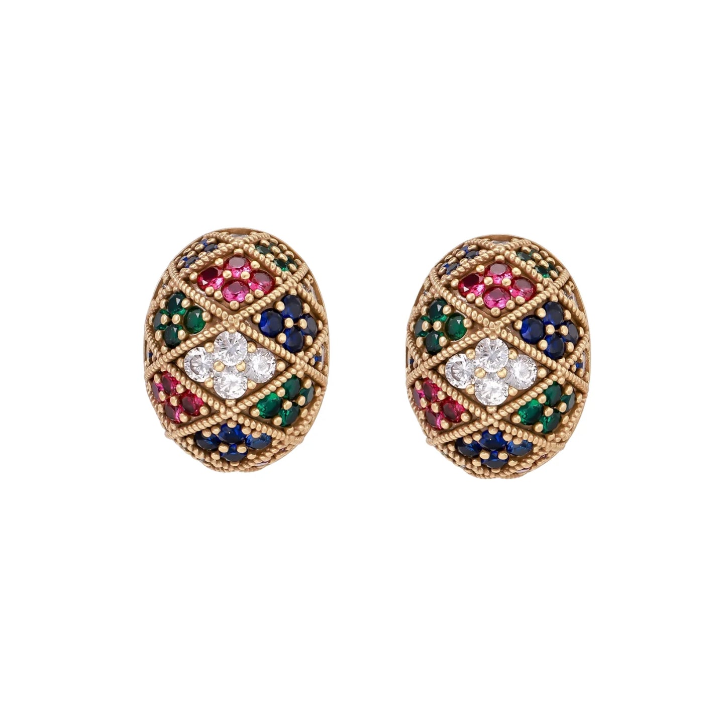Oval gold-plated stud earrings with multicolor zirconia stones in geometric mosaic pattern