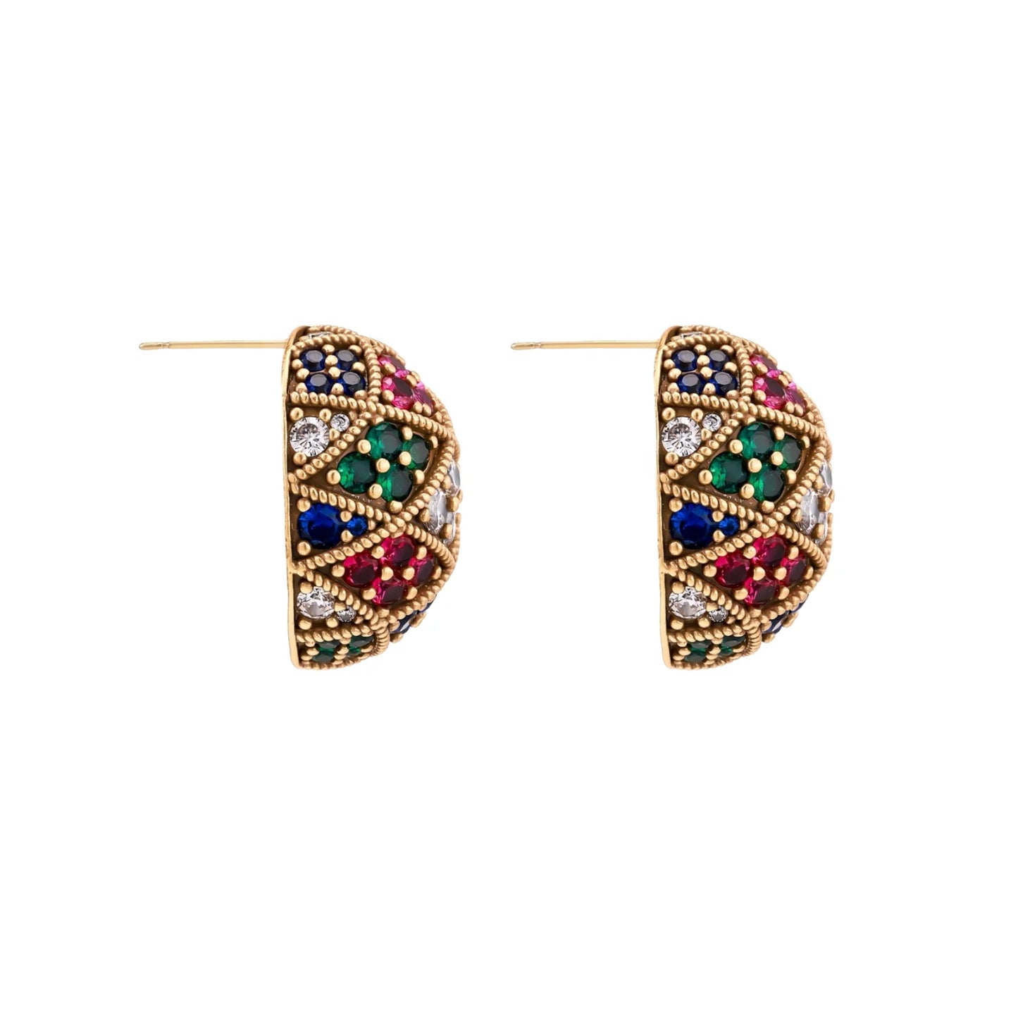 Oval gold-plated stud earrings with multicolor zirconia stones in geometric mosaic pattern