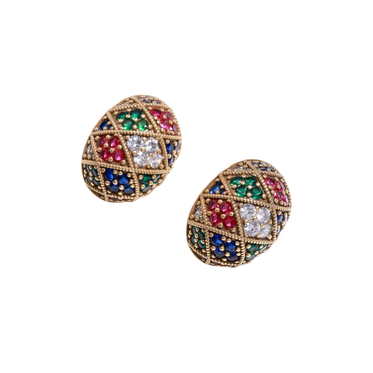 Oval gold-plated stud earrings with multicolor zirconia stones in geometric mosaic pattern
