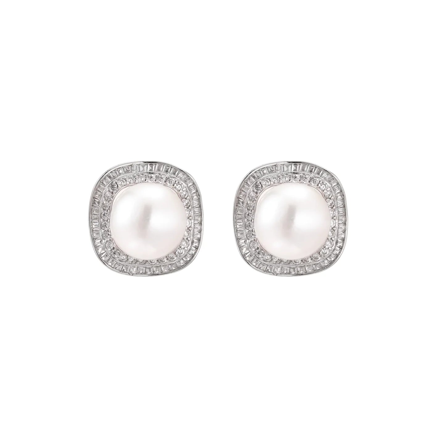 Cushion-shaped sterling silver stud earrings with freshwater pearls surrounded by geometric diamond halos