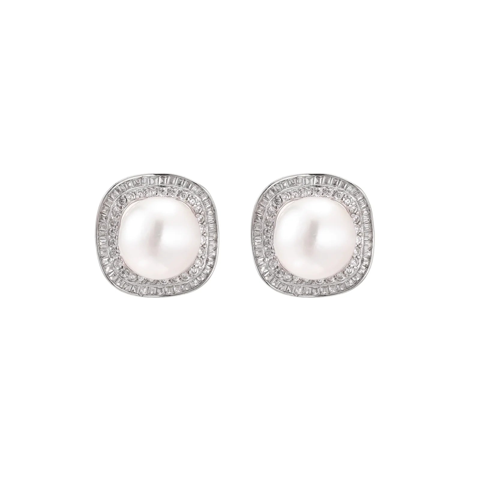 Cushion-shaped sterling silver stud earrings with freshwater pearls surrounded by geometric diamond halos