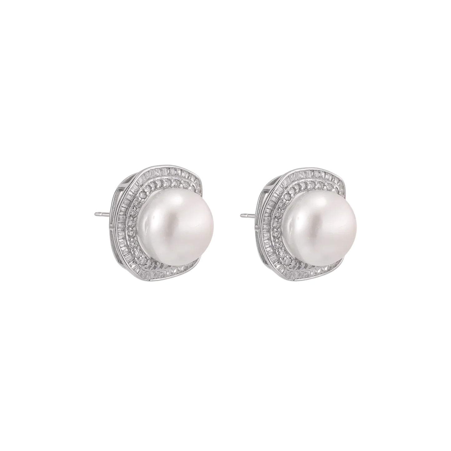 Cushion-shaped sterling silver stud earrings with freshwater pearls surrounded by geometric diamond halos