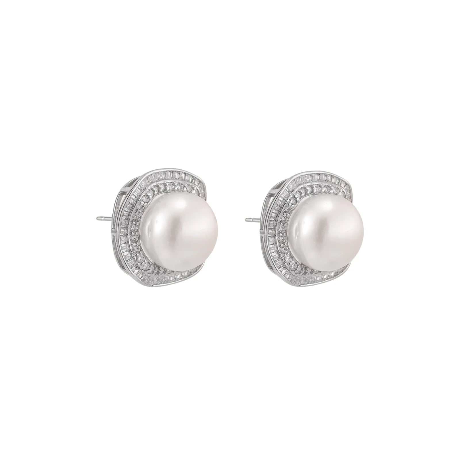 Cushion-shaped sterling silver stud earrings with freshwater pearls surrounded by geometric diamond halos