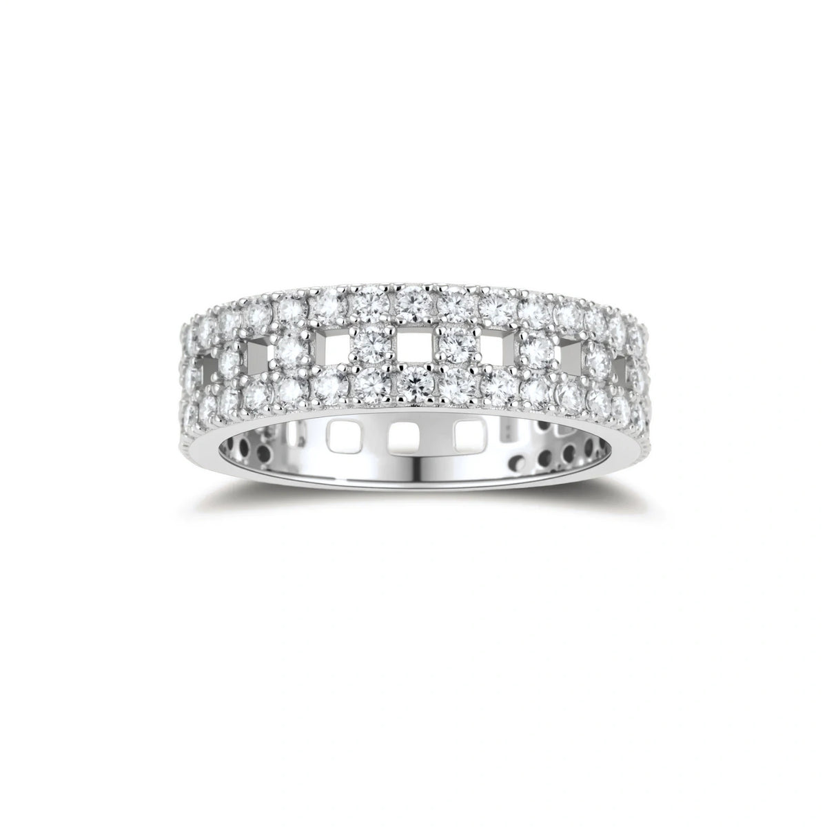 Wide sterling silver ring with three rows of brilliant moissanite stones in geometric pavé setting on white background