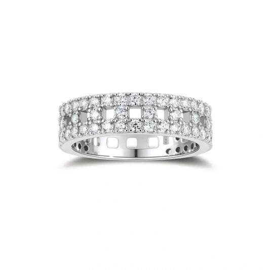 Wide sterling silver ring with three rows of brilliant moissanite stones in geometric pavé setting on white background