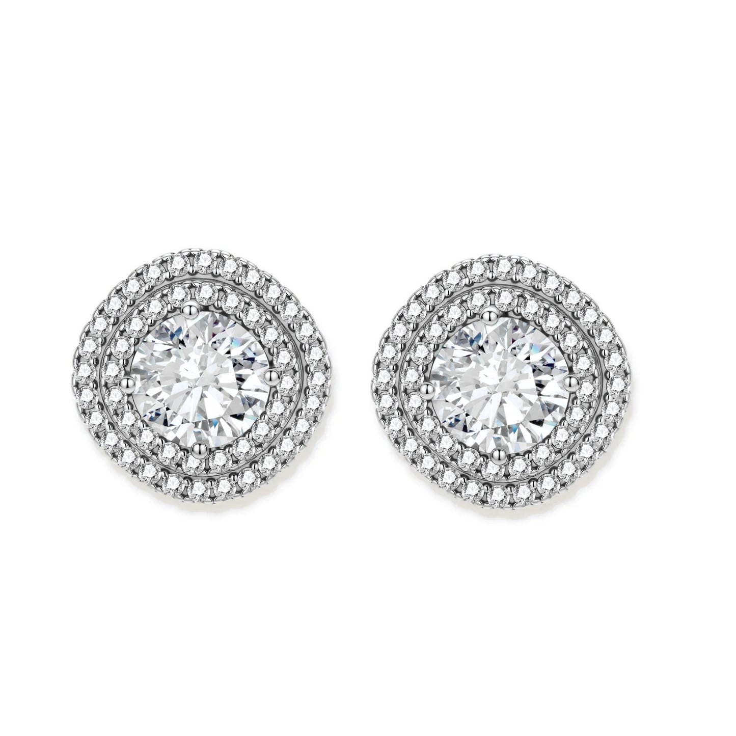 Double halo sterling silver stud earrings with brilliant round moissanite center stones and pavé crystal accents