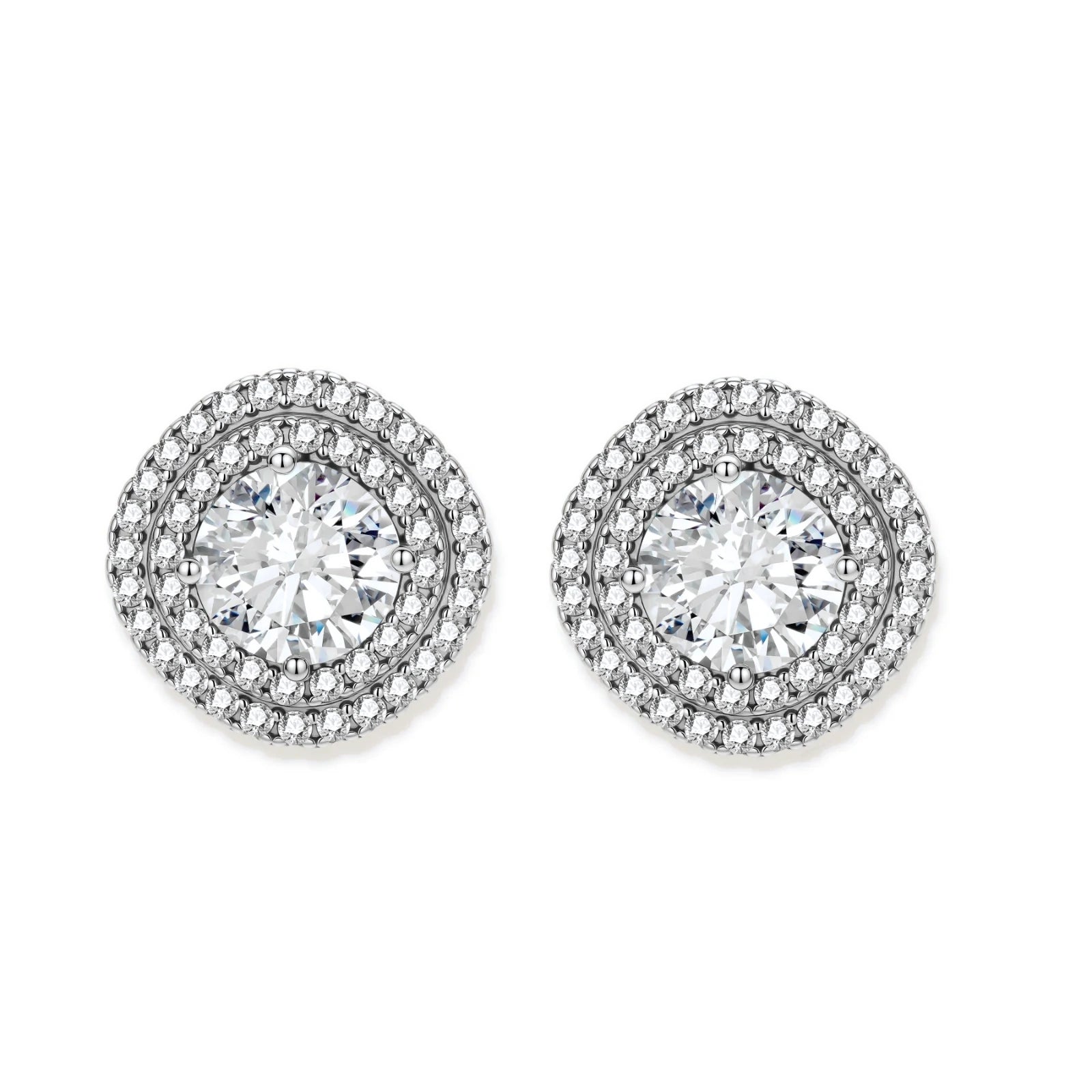Double halo sterling silver stud earrings with brilliant round moissanite center stones and pavé crystal accents