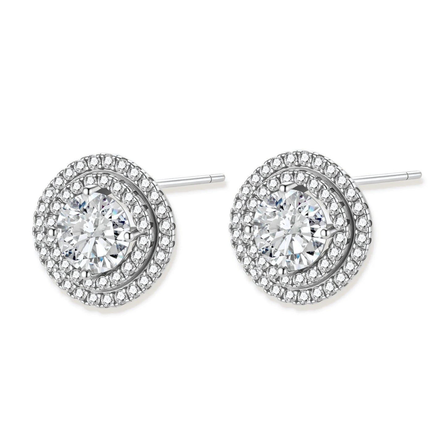 Double halo sterling silver stud earrings with brilliant round moissanite center stones and pavé crystal accents