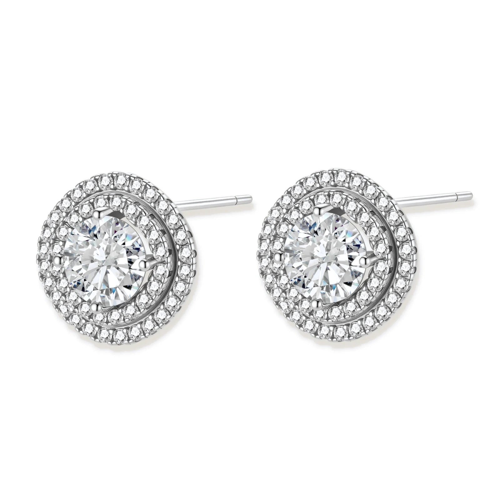 Double halo sterling silver stud earrings with brilliant round moissanite center stones and pavé crystal accents