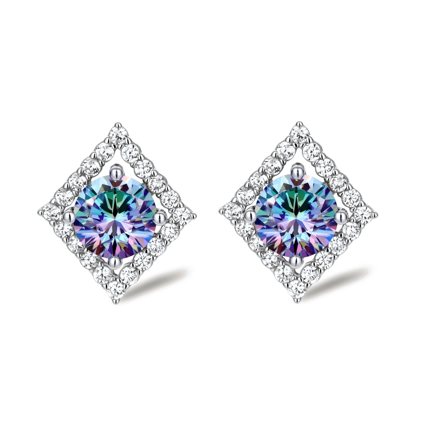 Diamond-shaped sterling silver stud earrings with rainbow moissanite centers surrounded by crystal halos