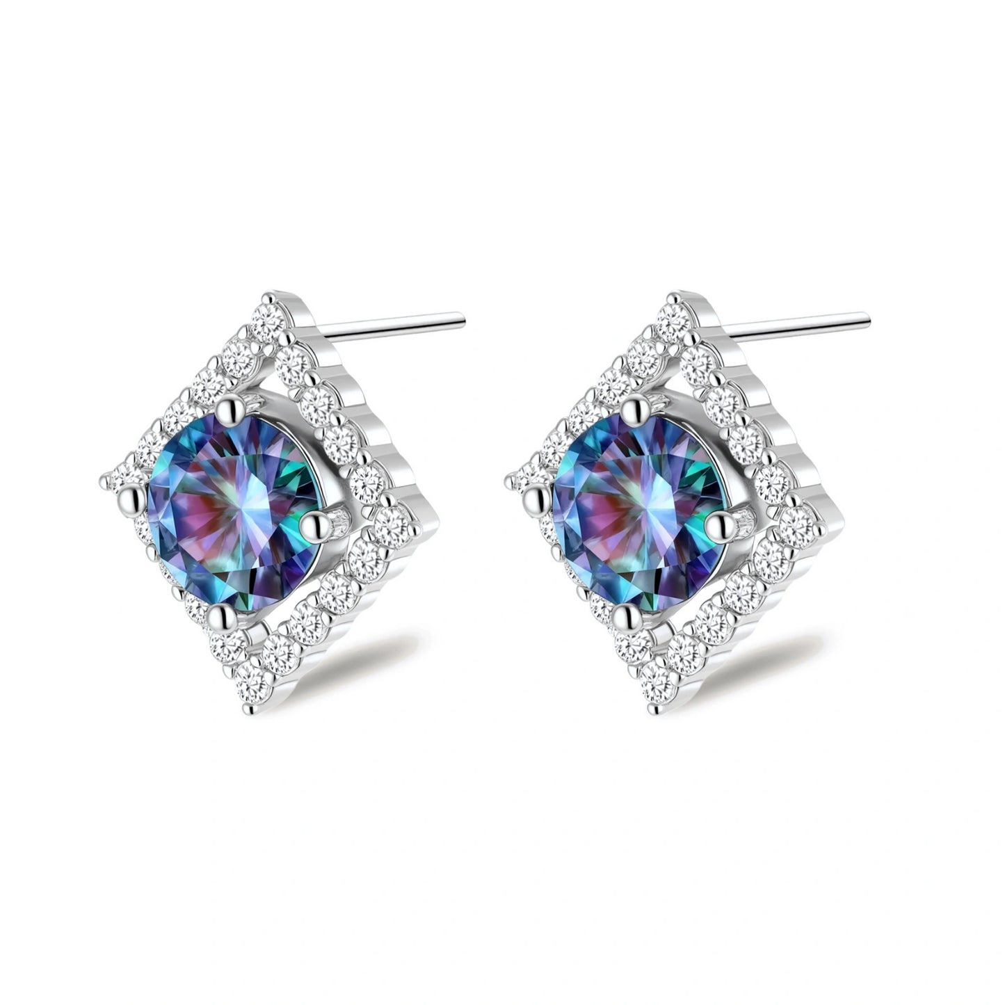 Diamond-shaped sterling silver stud earrings with rainbow moissanite centers surrounded by crystal halos