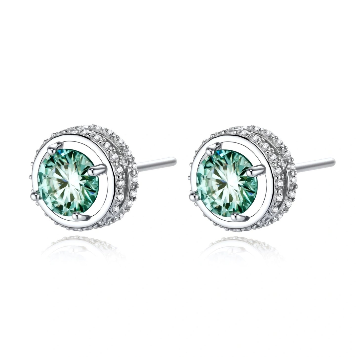 Round green moissanite stud earrings in sterling silver halo settings with brilliant sparkle on white background.