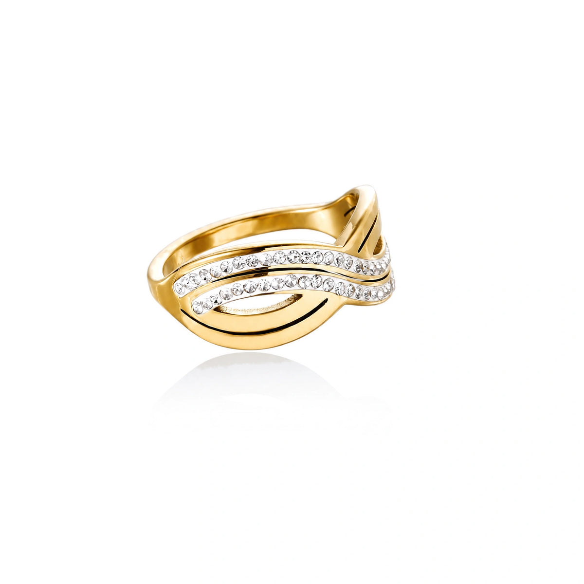 Gold-plated ring with interweaving wave bands and two rows of clear rhinestones creating an infinity pattern