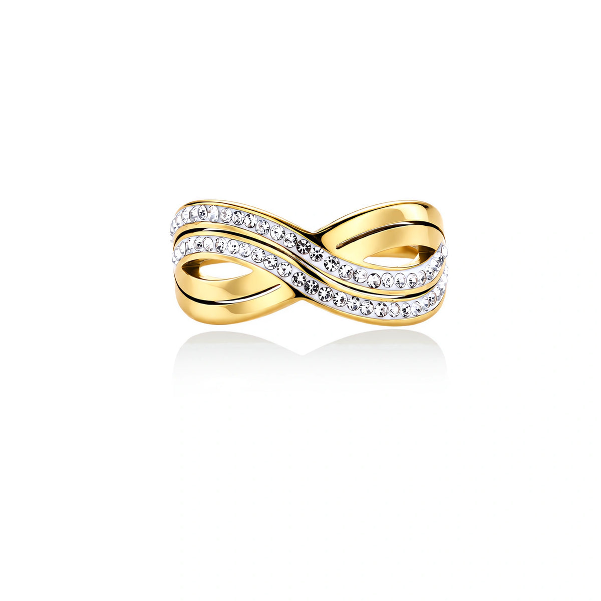 Gold-plated ring with interweaving wave bands and two rows of clear rhinestones creating an infinity pattern