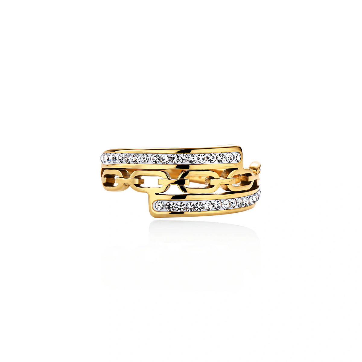 Gold-plated stainless steel ring with geometric chain link design flanked by two rows of clear rhinestones