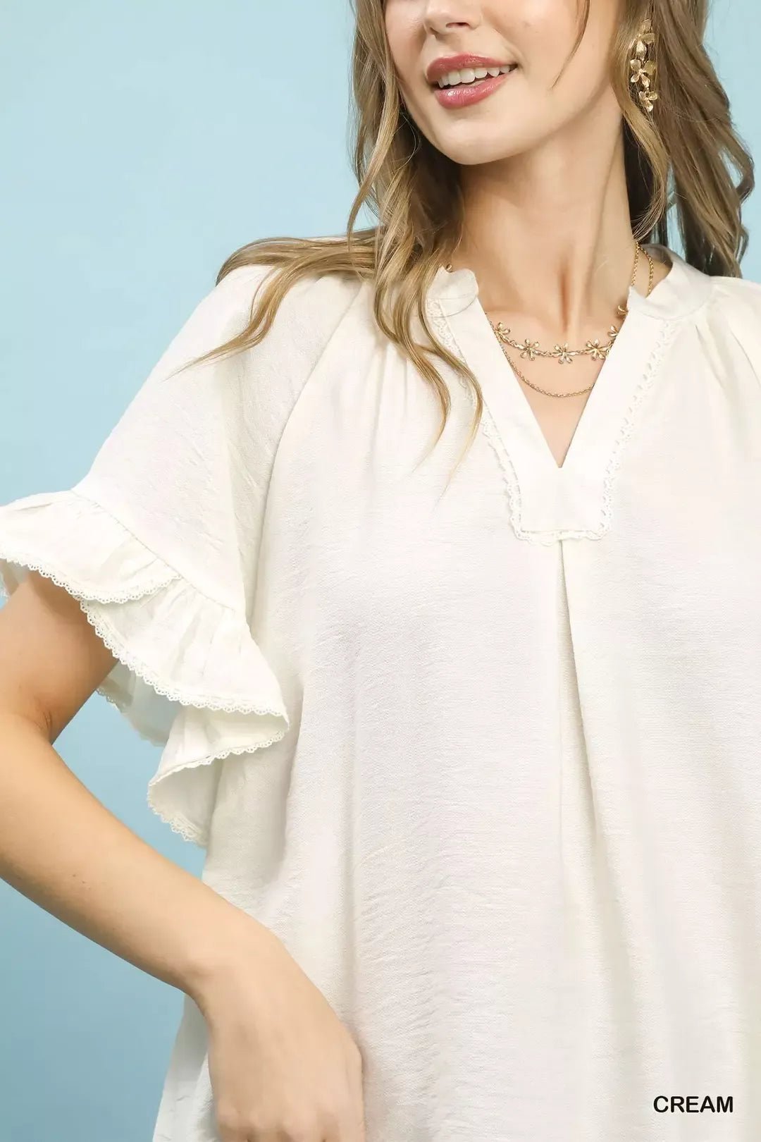 Ruffle Sleeve V-Neck Flutter Blouse - Starzzyco
