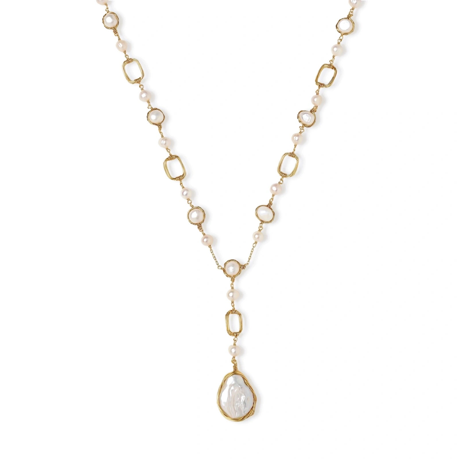 Long gold-plated necklace with alternating freshwater pearls and crystal bezels, featuring a large baroque pearl pendant