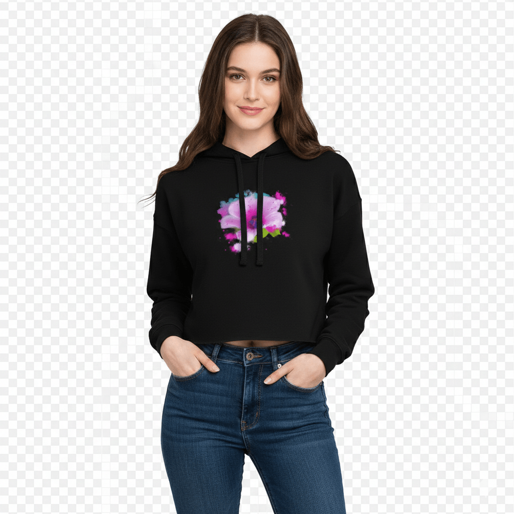 Pretty young lady wearing a graphic floral hoodie with a colorful graphic design on a 