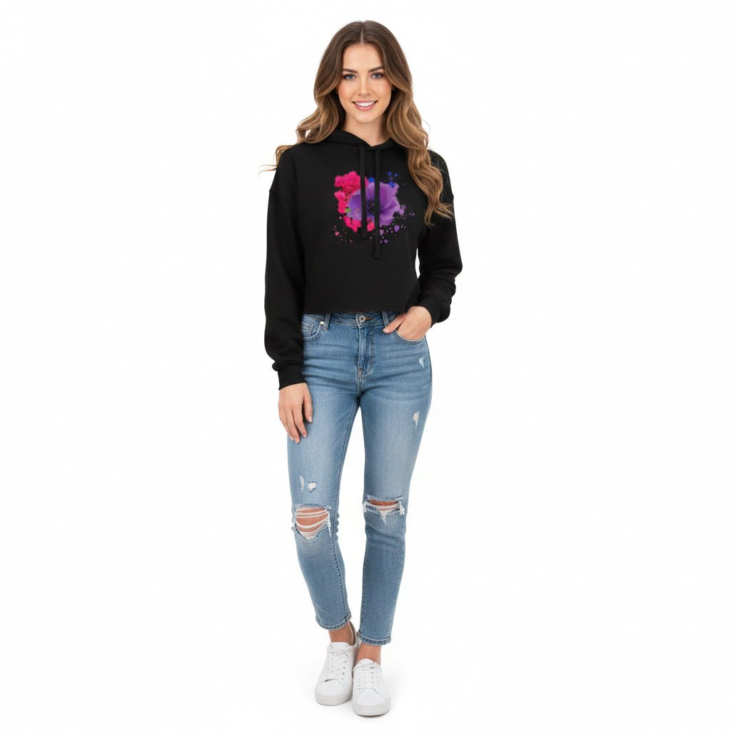 Handcrafted Magenta Bloom Cropped Pullover | Hand-Painted Botanical Graphic | Modern Raw-Hem Luxe Apparel - Starzzyco