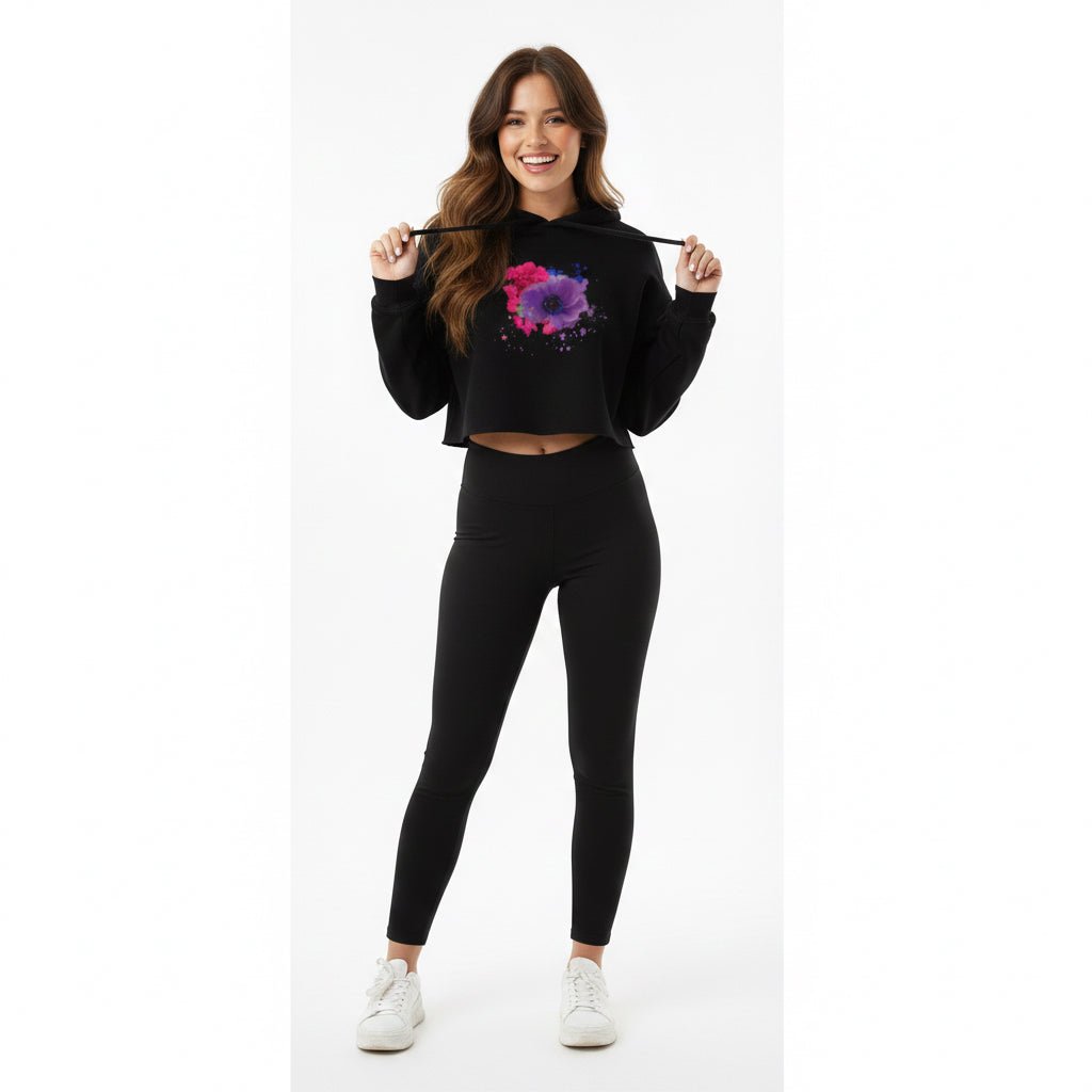 Handcrafted Magenta Bloom Cropped Pullover | Hand-Painted Botanical Graphic | Modern Raw-Hem Luxe Apparel - Starzzyco