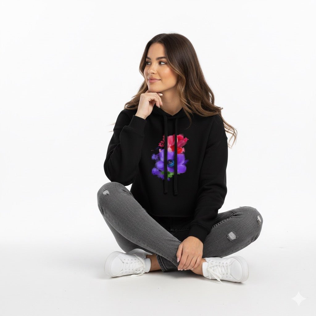 Watercolor Floral Black Crop Hoodie | Original Hand-Painted Anemone Art | Premium Raw-Edge Women’s Streetwear - Starzzyco
